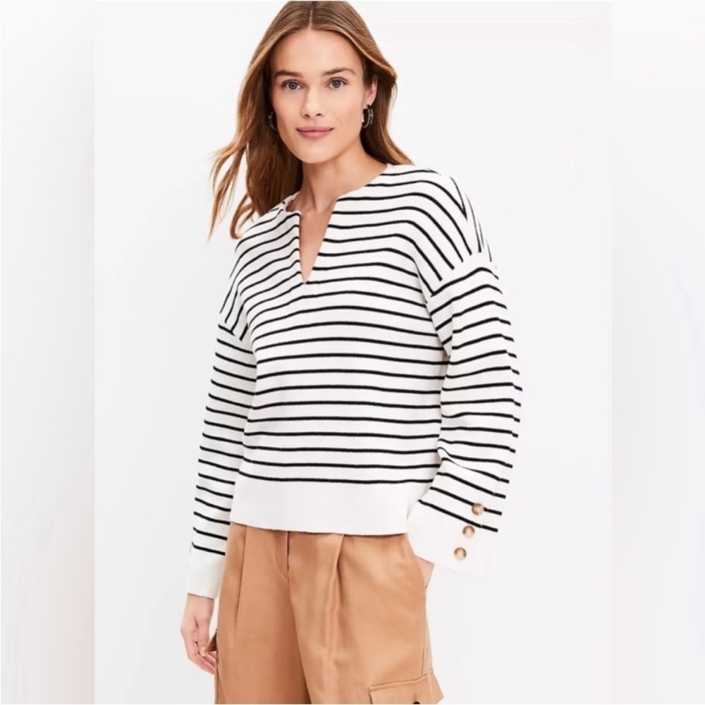 LOFT Black White Striped Cotton Split Neck Wide Sleeve Boxy Popover Sweater - XL